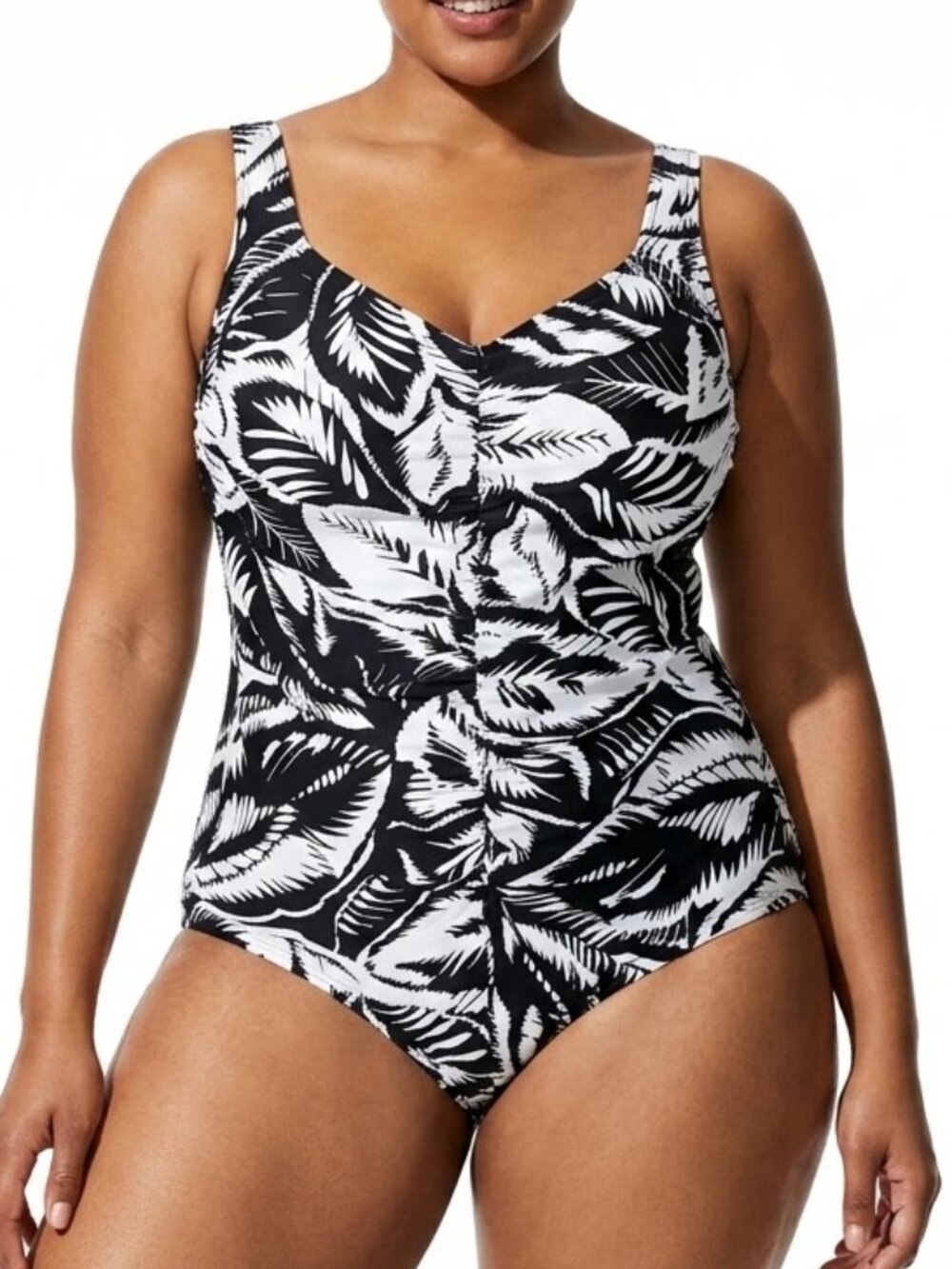 AZUL Black White Palm Leaf Ruched One Piece Swimsuit 22W Tummy Control Resort